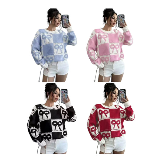 Ladies Coquette-Aesthetic Checkered Bow Knit Sweater-Various Colours