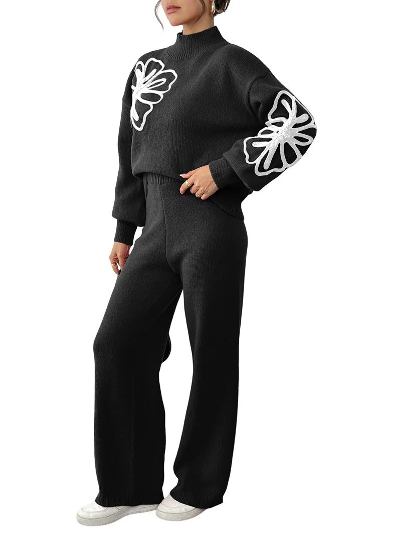 Ladies Floral Embroidery Knitted Loungewear 2pc - Various Colours