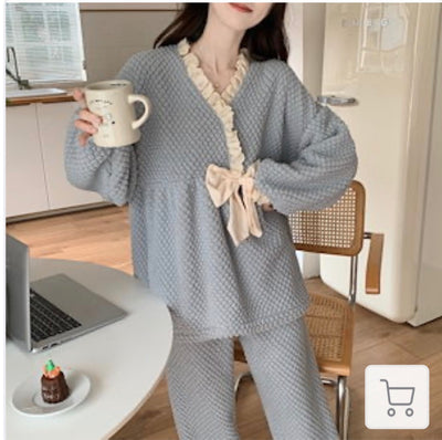 Ladies Coral Fleece Pyjamas  Autumn/Winter Thick Padded Warm Sweet Lace Suit Winter-Various Colours