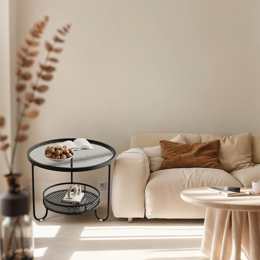 MFurn Coffee Table with Storage Shelf – Metal & Glass, Black