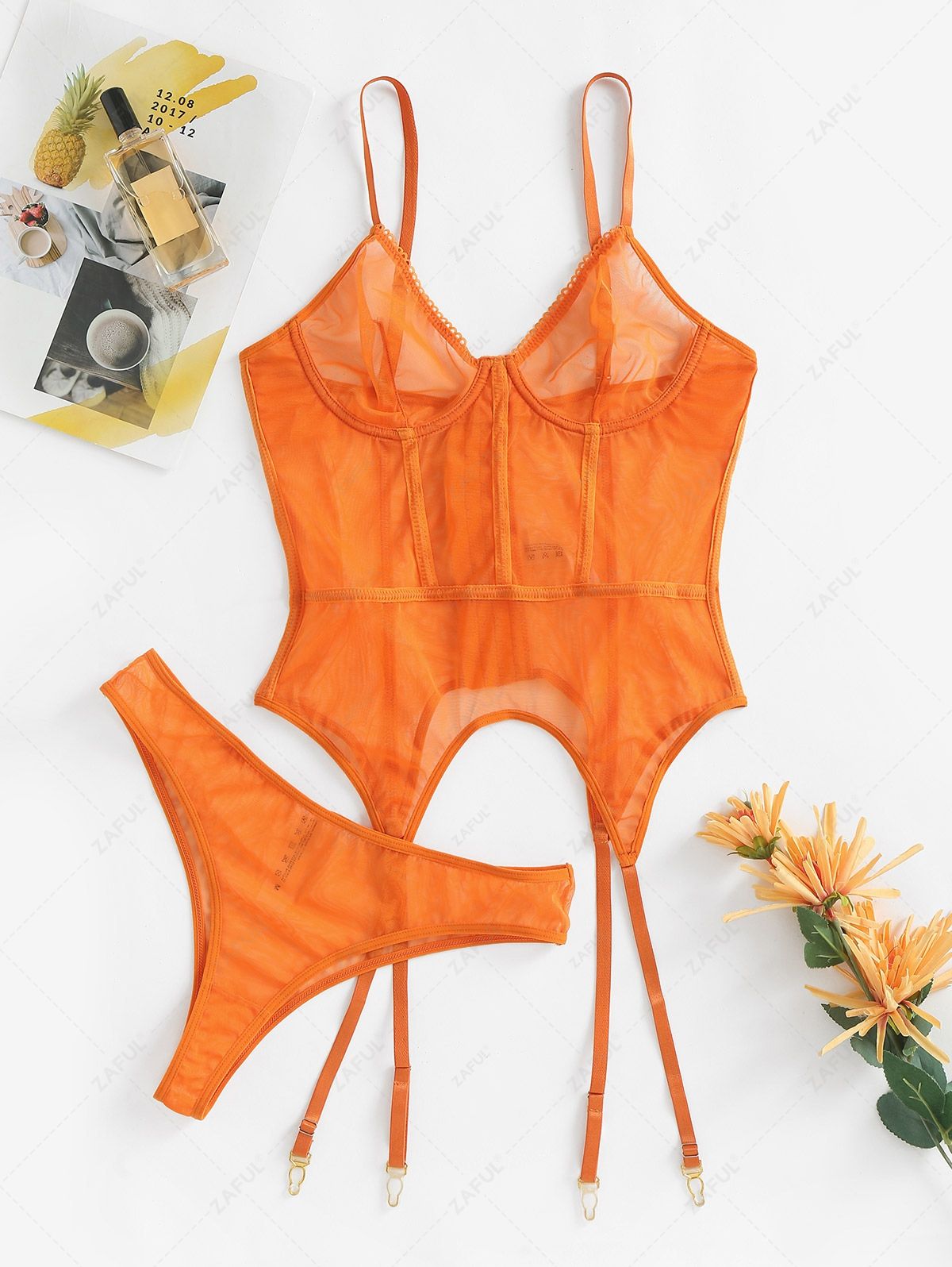 Garter Underwire Corset Style Lingerie Set - Orange Size S-XL