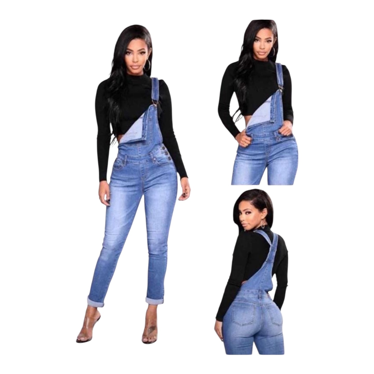 Ladies Denim Distressed Skinny  Dungarees Jumpsuit