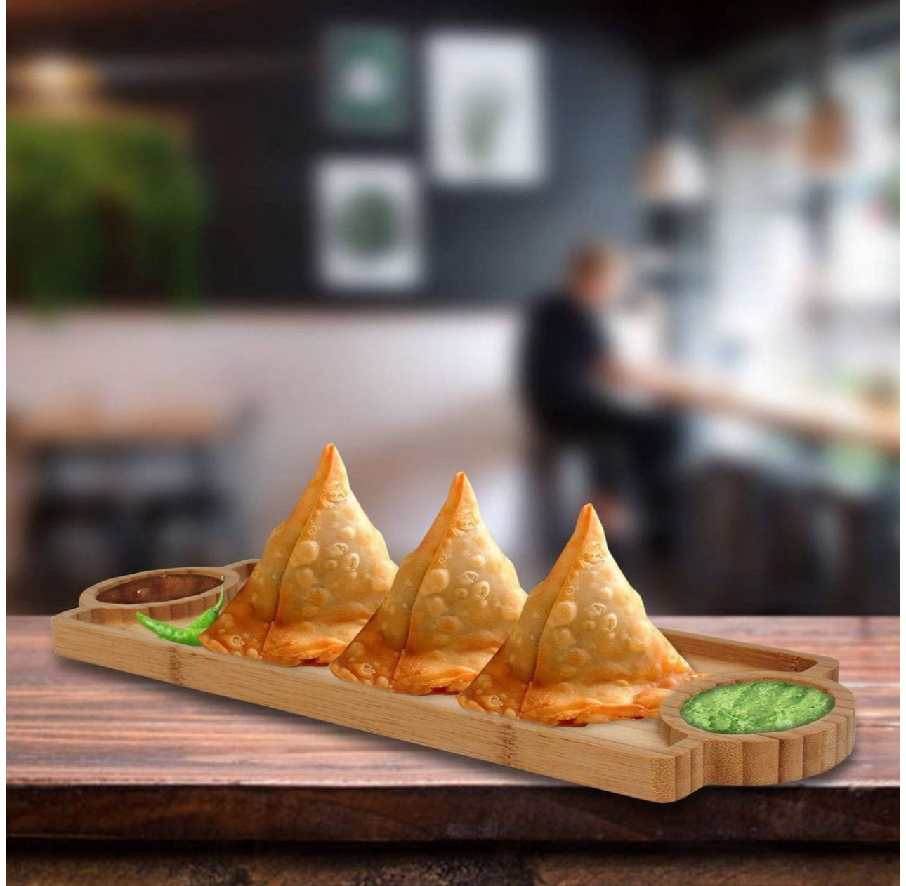 MHome Wooden Bamboo Appetizer Platter – 3-Compartment Serving Tray 39 cm