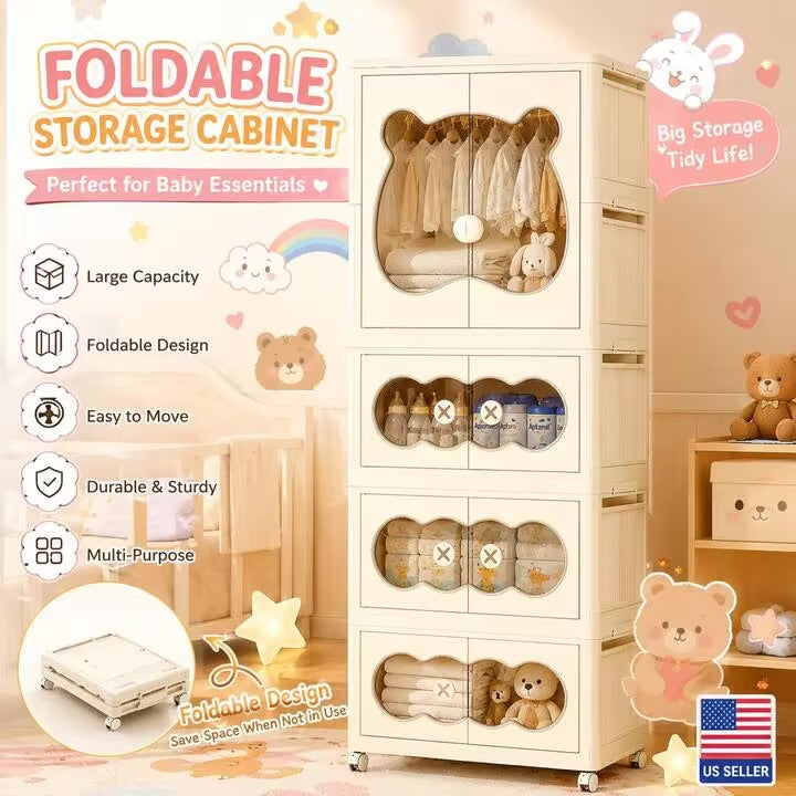 MHome  Kids Bear Wardrobe/Multifunctional Collapsible Plastic Wardrobe for Kids- Storage Cabinet – Dustproof Organizer for Baby Clothes, Toys & Books with Wheels & Hangers- Beige/Various Sizes