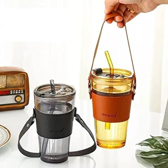 MHome Glass Tumbler with Leather Sleeve and Straw, 450ML,Clear|Stylish Coffee & Juice Sipper Bottle|Reusable Water Cup with Straw & Lid |Premium Clear Drinking Bottle for Gym,School &Travel.