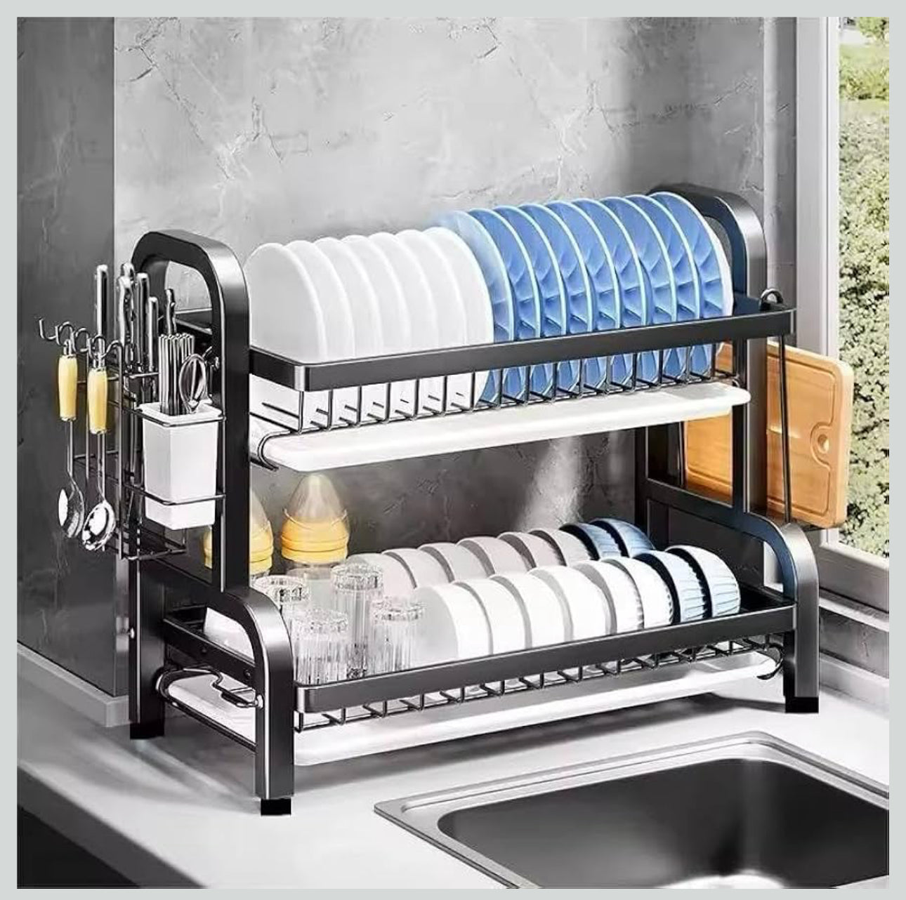 MHome 2-Tier Stainless Steel Dish Rack – Durable Organizer for Plates, Cups & Utensils
