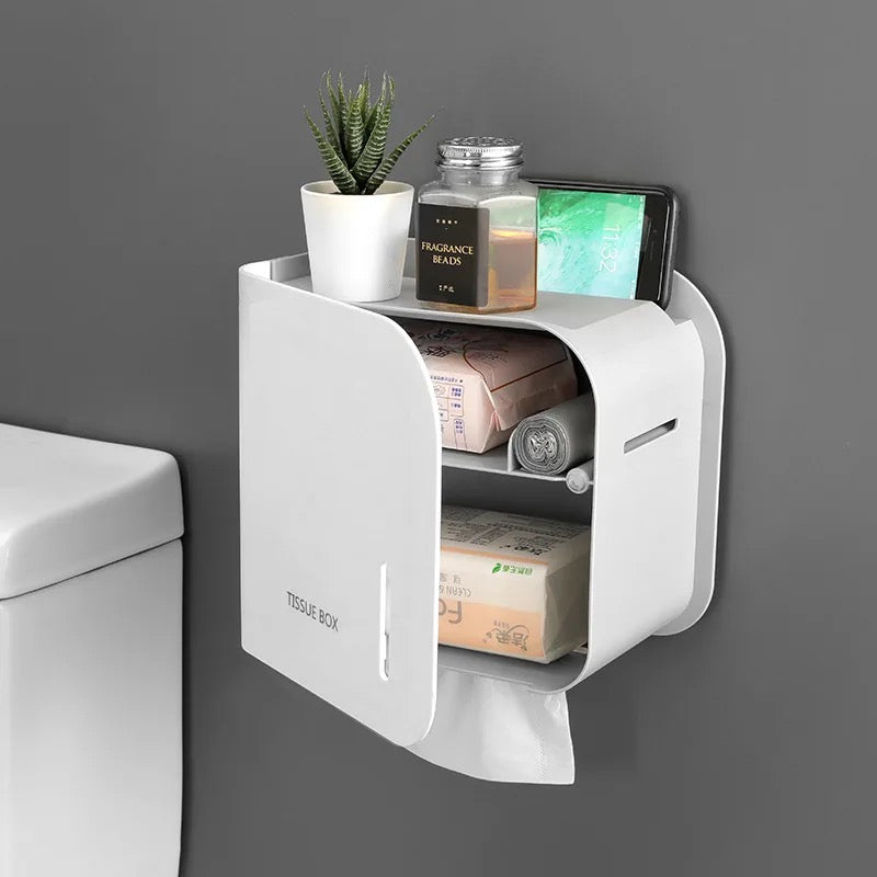 MHome 2-in-1 Wall-Mounted Tissue Dispenser & Organiser – Waterproof ABS Storage Box with Magnetic Door