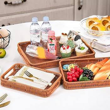 MHome  Kitchen Bread Serving Trays Unique Rectangular Woven Baskets for Fruit and Bread with Easy Carry Handle 3pc Set