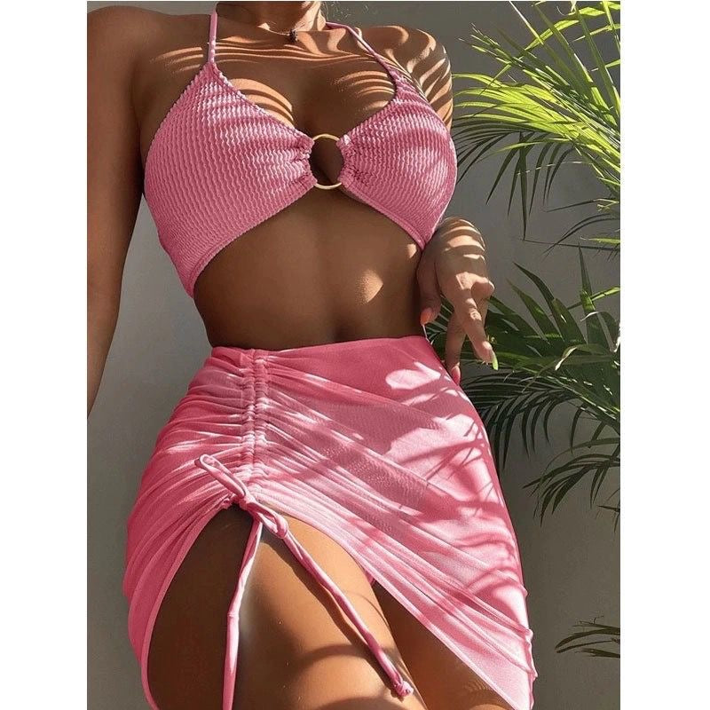 Ladies 3 Pieces Mesh Skirt Swimsuit Women Halter Micro Ribbed Bikini High Waist Swimwear Sexy Solid Beachwear Bathing Suit Various Colours