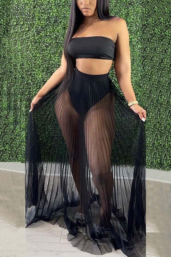 Sexy Solid Color Tube Top See-Through Mesh Long Skirt Summer Vacation Set