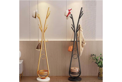 MHome Coat Rack Stand With Hooks, Coat Tree With Storage Basket, Coat Rack Freestanding Metal For Hallway, Office, Coat Hangers Stand Hall Tree With Shelves For Clothes, Scarves