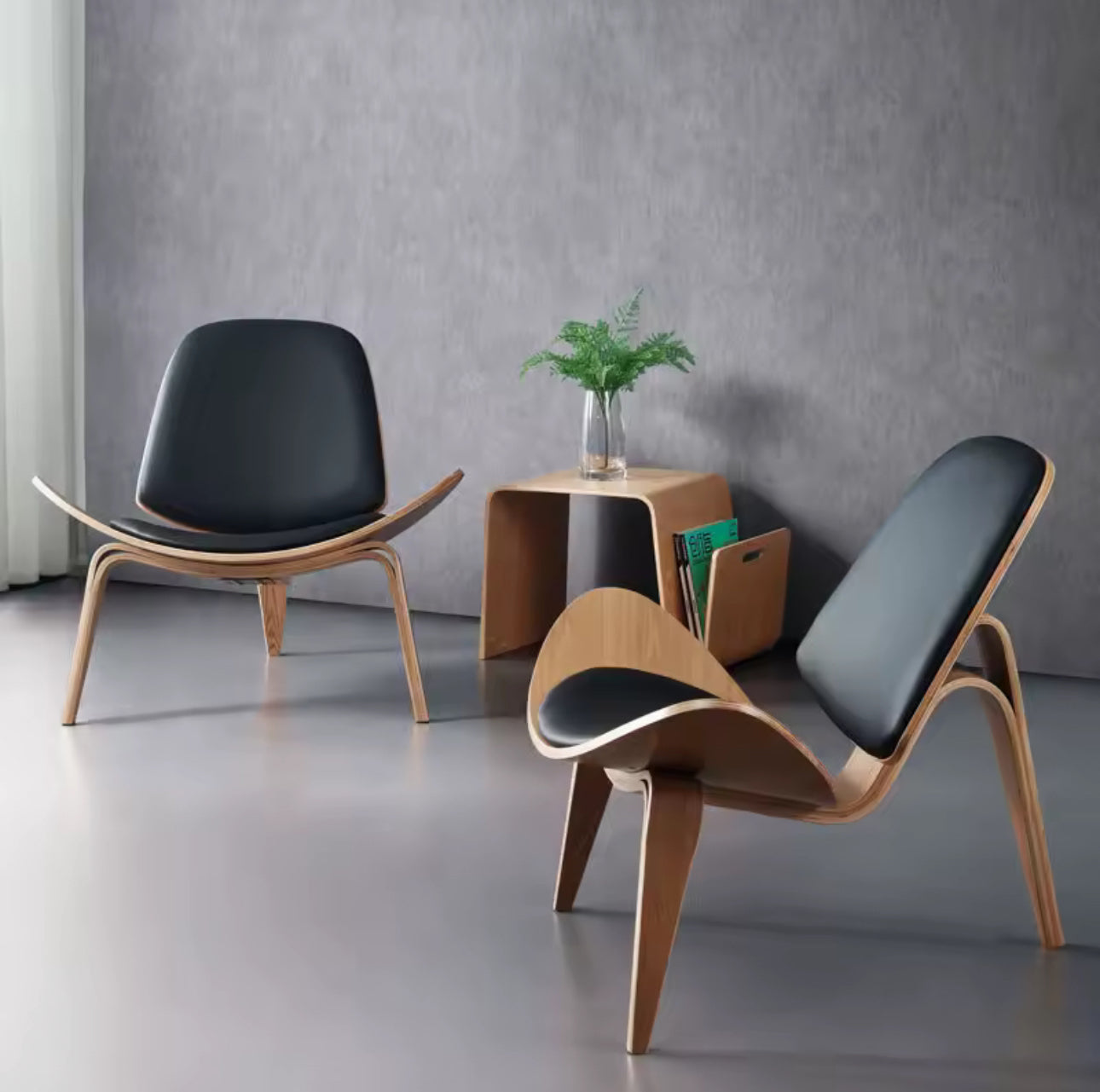Three-Legged Shell Chair Mid Century Modern Lounge Chair with Black Leather Molded Plywood Accent Chair Reading Side Chair for Bedroom, Study, Office, Living Room-PreOrder Sales Available