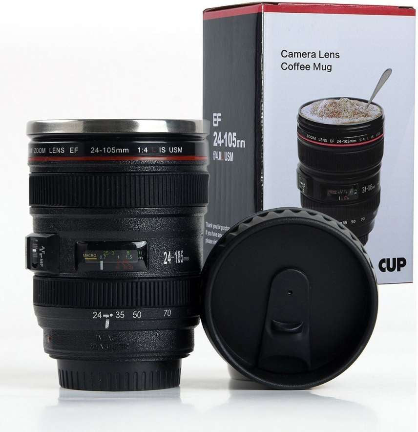 Camera Lens Coffee Mug | Steel Insulated Travel Tea Cup, Thermos Flask 400 ML, Black.
