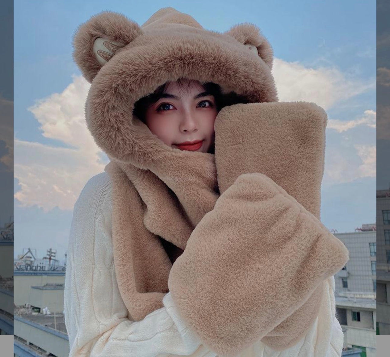 Ladies Plush Hat, Autumn And Winter Scarf, Hat And Gloves All-in-one Adult Ladies Style