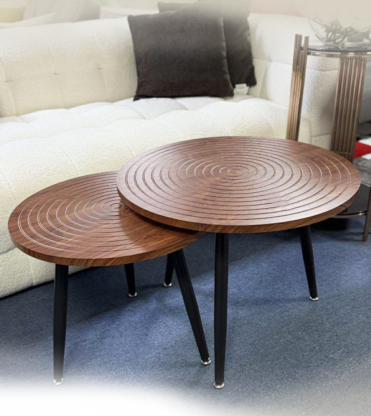 MFurn 2pc Nesting Side Tables – Round Wood Top with Sturdy Metal Frame