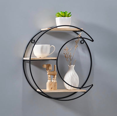 MHome Circle Wall Shelf, Round Space Saving Metal Wall Floating Storage Shelf, Decorative Industrial Style Floating Shelf for Living Room, Succulent (Black Type C)