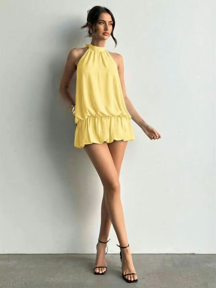 Ladies Halter Neck Chiffon Mini Dress-Various Colours