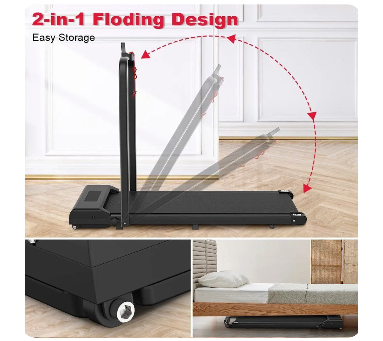 2-in-1 Foldable Treadmill Walking Pad for Home Office – Portable Under Desk Treadmill with LED Display, Remote Control, 2.5HP Quiet Motor, 300lbs Capacity, No Assembly Needed