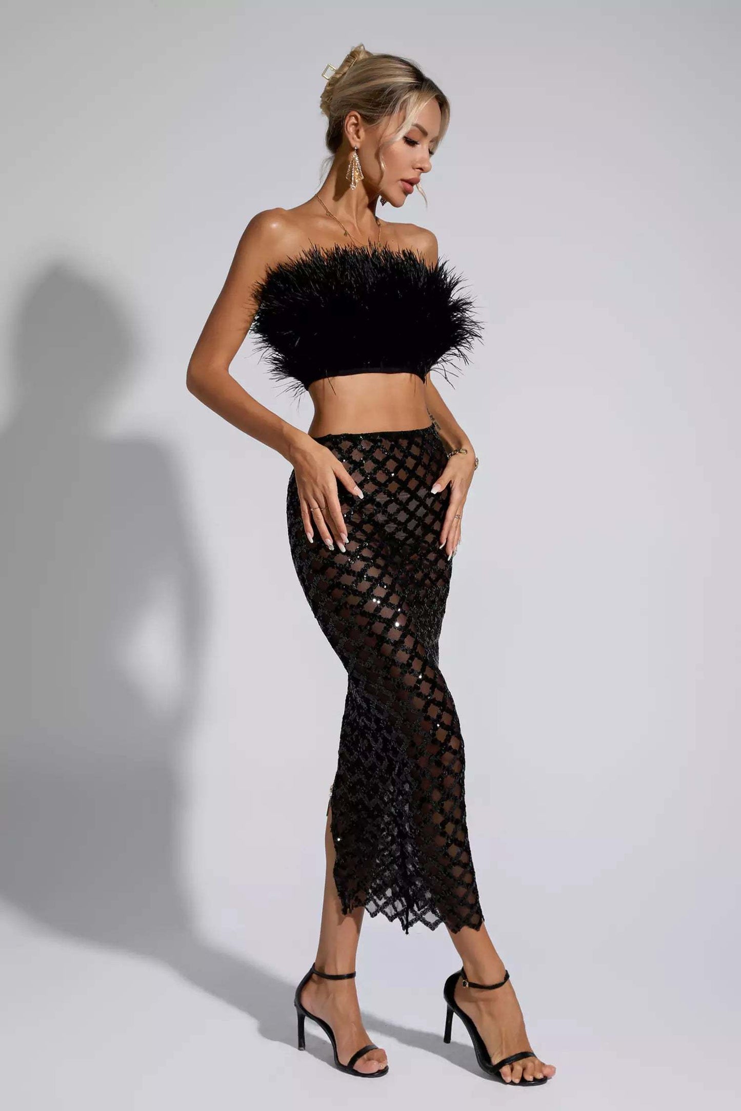 Women New Fashionable Sleeveless Sexy Crop Top And Faux Fur Skirt 2 Pieces Set, Suitable For Banquet Parties-Various Colours