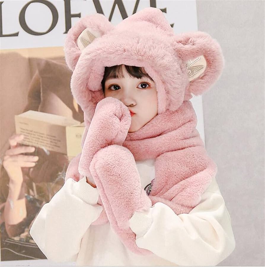 Ladies Plush Hat, Autumn And Winter Scarf, Hat And Gloves All-in-one Adult Ladies Style
