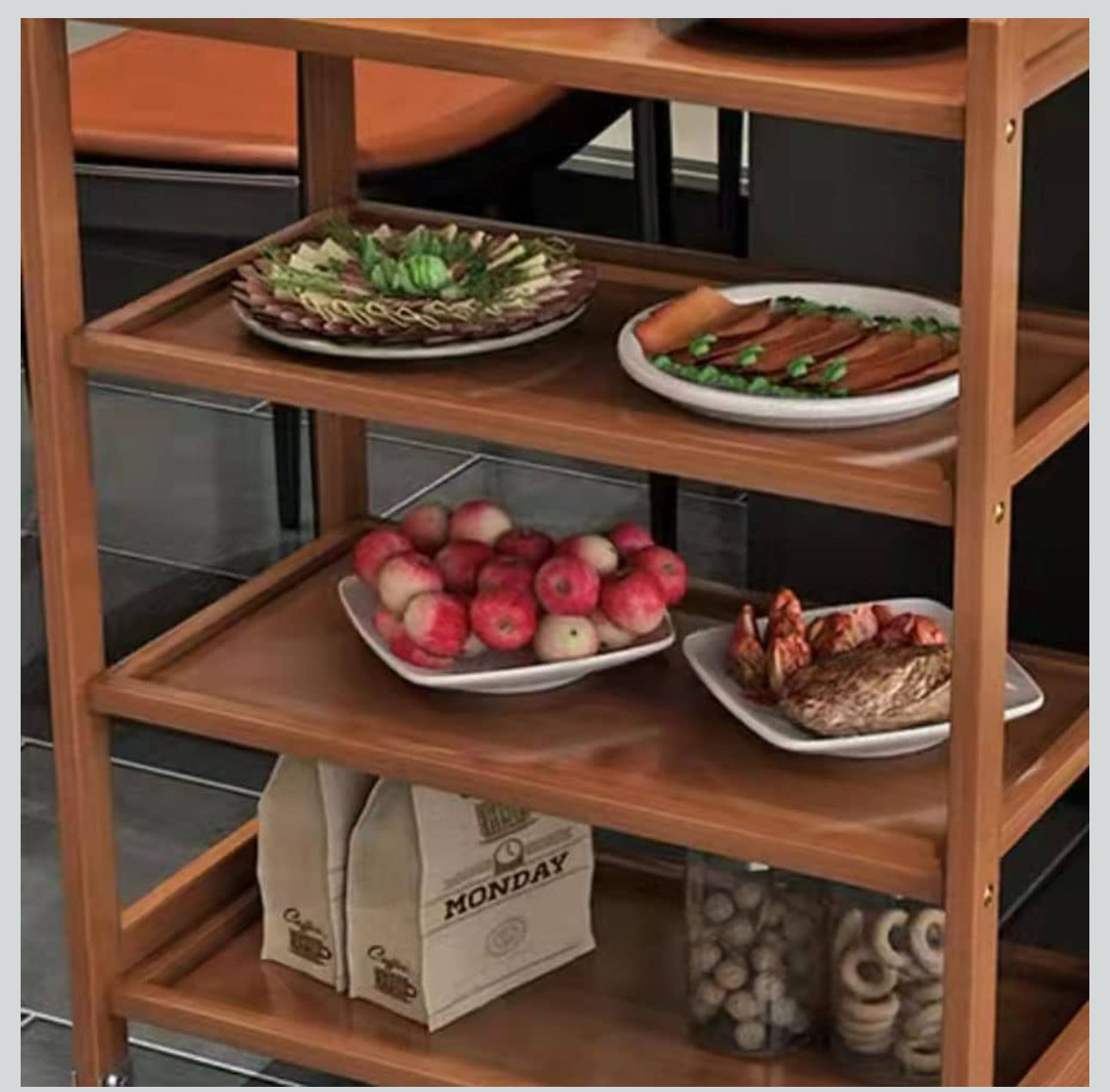 MFurn Bamboo Kitchen Trolley,3 Tier Kitchen Storage Rack Serving Trolley Island Cart with Rotating Wheels.