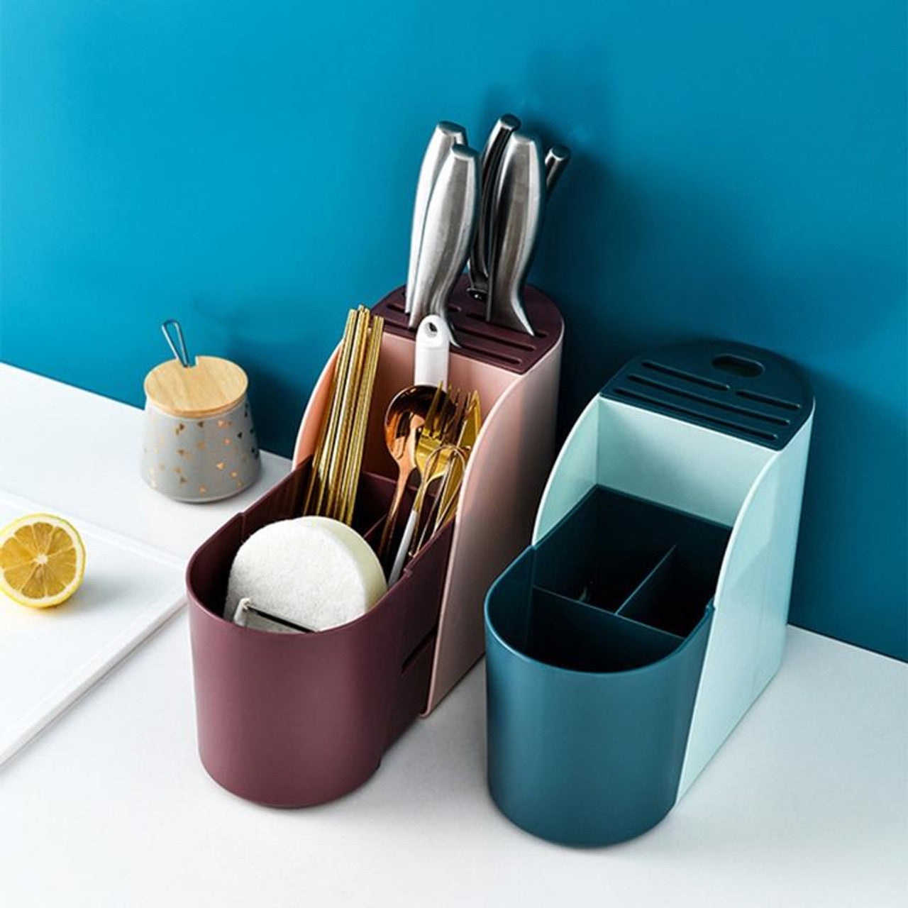 MHome Multifunctional Retractable Cutlery & Knife Storage Rack – Adjustable with Drainage Base
