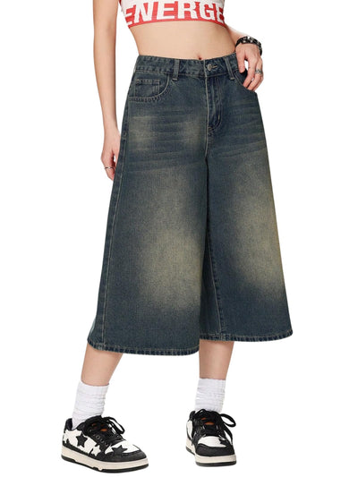 Ladies Denim Shorts for Women | Wide Leg Capri for Womens | Woman Below Knee Wide Leg Fit | Vintage Washed Denim | Relaxed Everyday Wear |Zip Button Closure