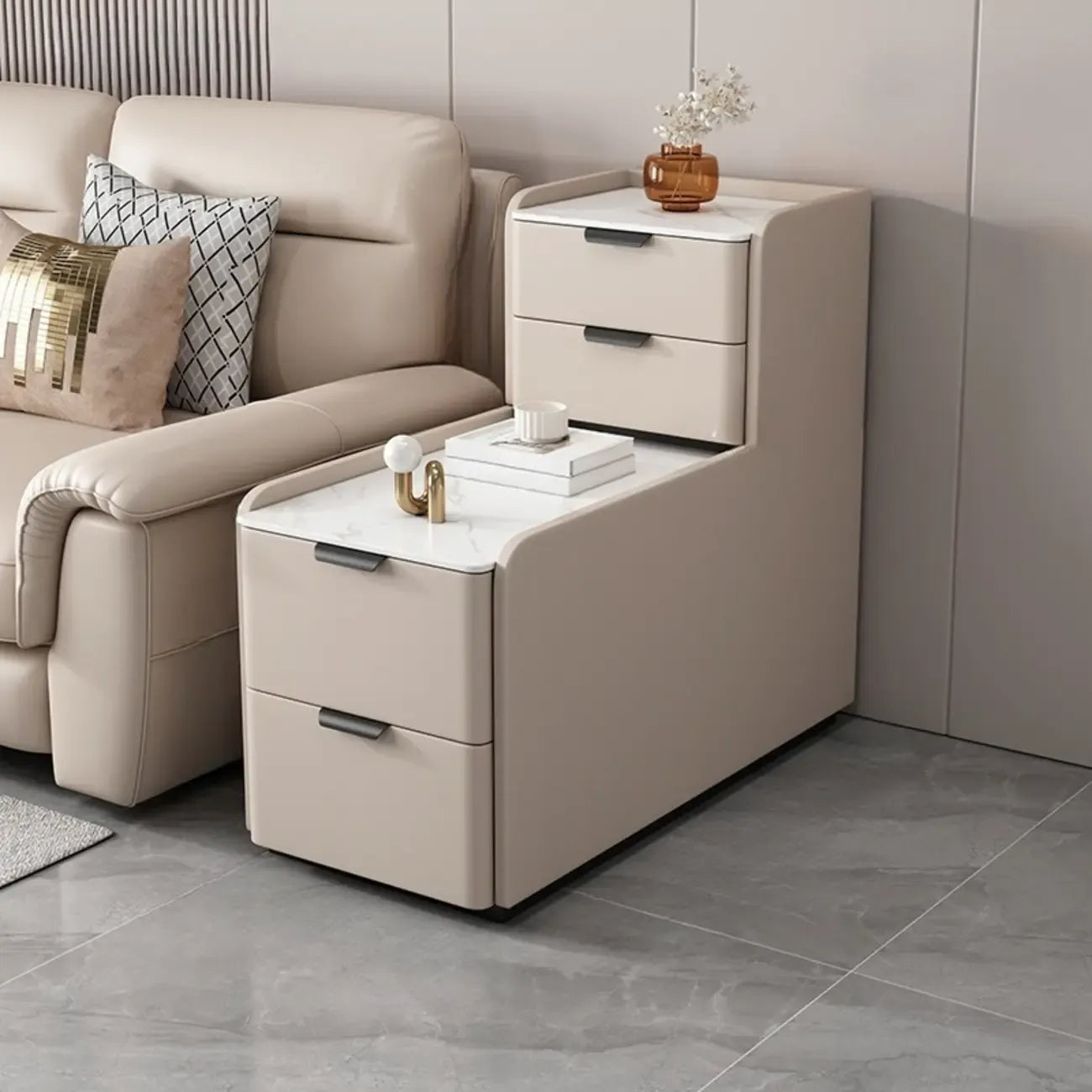 MFURN Modern Simple Style Rectangular White Sintered Stone Side Table with Block Base and 4 Drawers