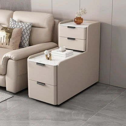 MFURN Modern Simple Style Rectangular White Sintered Stone Side Table with Block Base and 4 Drawers