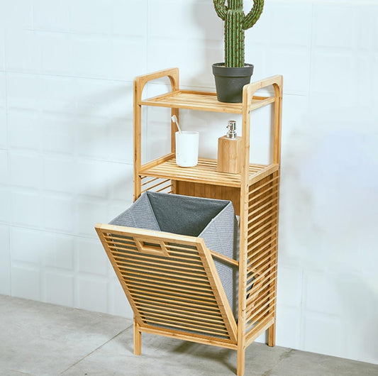 MHome Bamboo Laundry Basket Cabinet with Tilt-Out Hamper & Storage Shelf