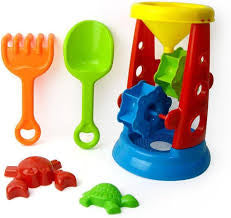 Baby Plus 5Pcs Sand & Water Mill Set - Beach Water Wheel Toys, Windmill, Watering Can, Spades