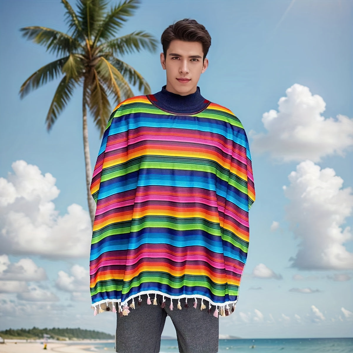 Multi Colour Adults Mexican Poncho & Sombrero Costume Hat