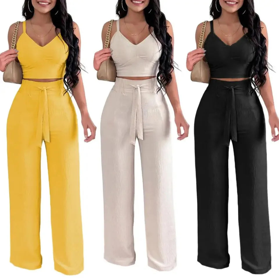 Ladies Summer Dressy Casual Outfits Sleeveless Cami Top And Palazzo Pants Set Trendy Two Piece Outfit-Various Colours