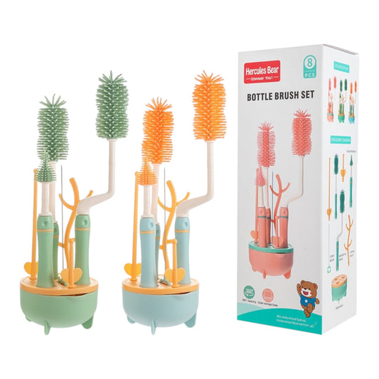 Hercules Bear - Baby Silicone Bottle Cleaning Brush Set 360 ^ Rotating 8pc Set-Various Colours