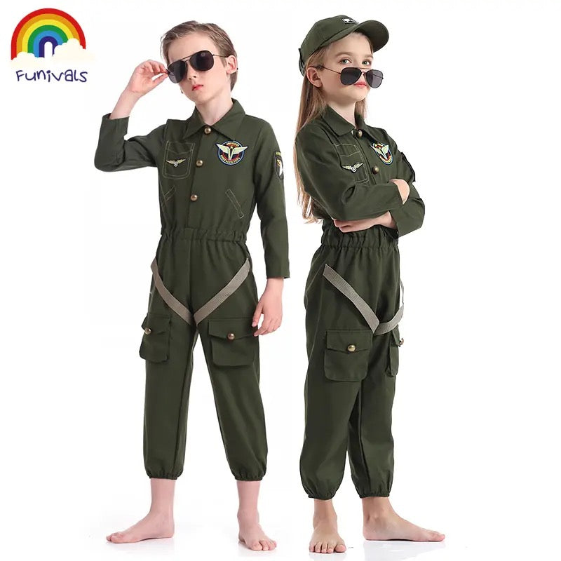 Kids Air Force Fighter Costume Children Pilot Jumpsuit Carnival Party Cosplay Roleplay Costumes Dress Up for Boys Girls Unisex