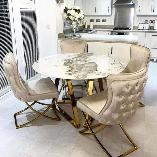 Windsor Round White And Gold Marble Dining Table Set And 4 Dining Chai ...