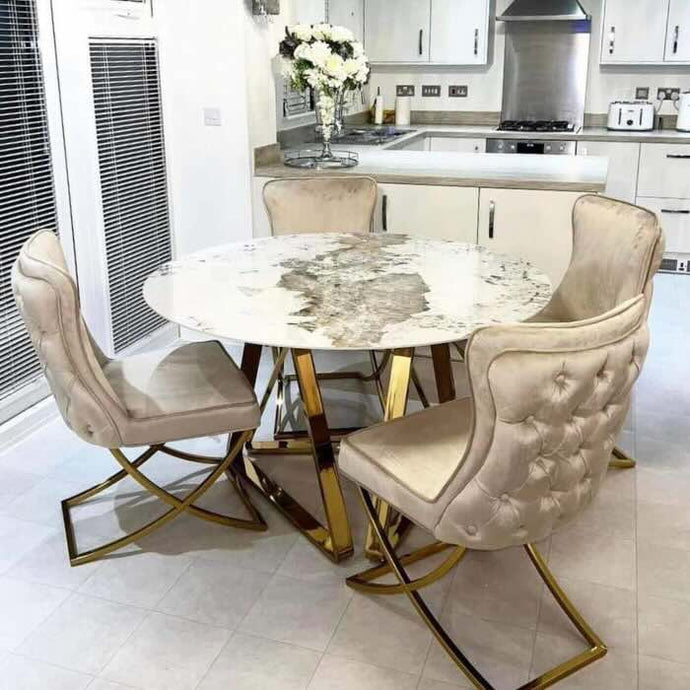 Windsor Round White And Gold Marble Dining Table Set And 4 Dining Chai ...