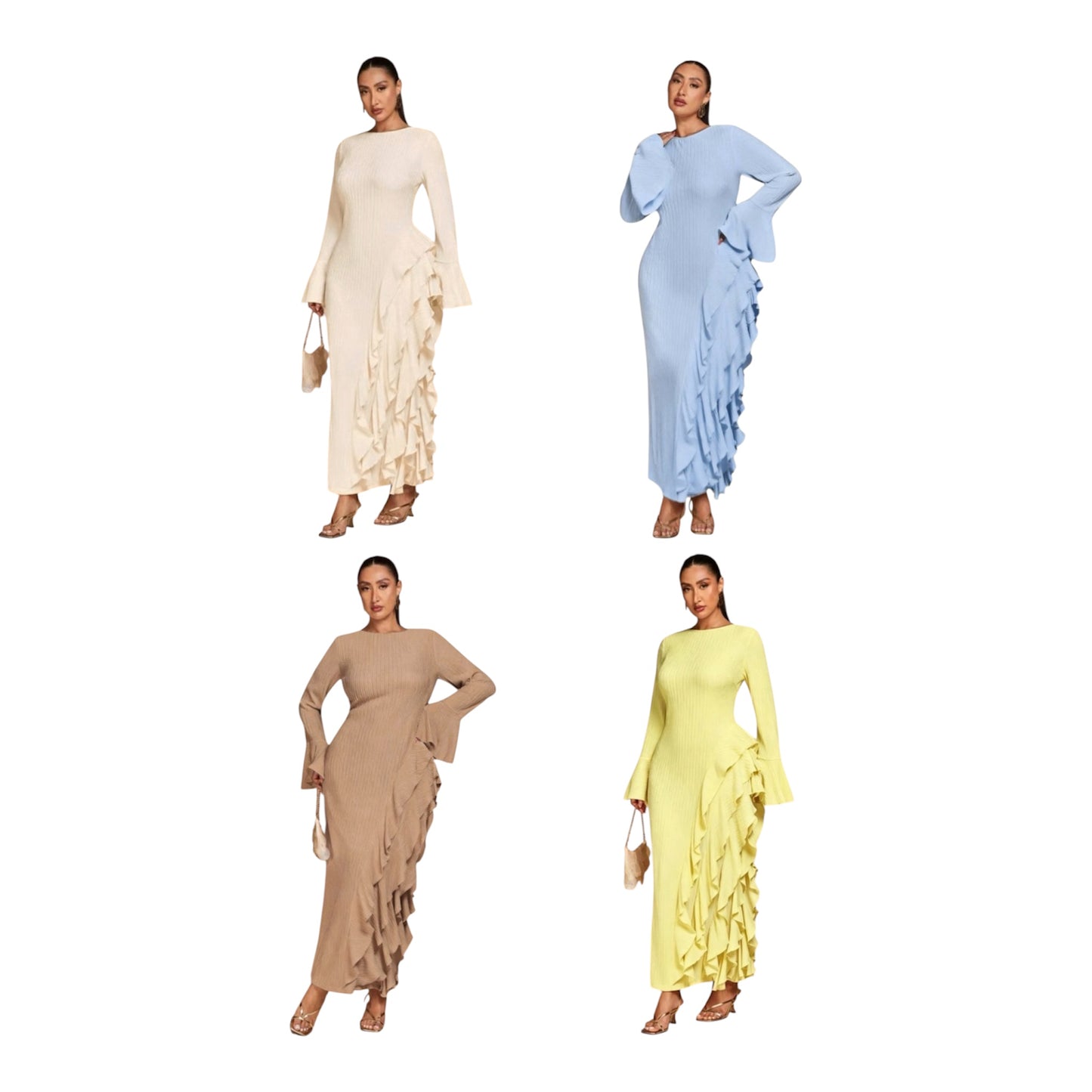 Ladies Elegant Long-Sleeved Ribbed Maxi Dress-Various Colours