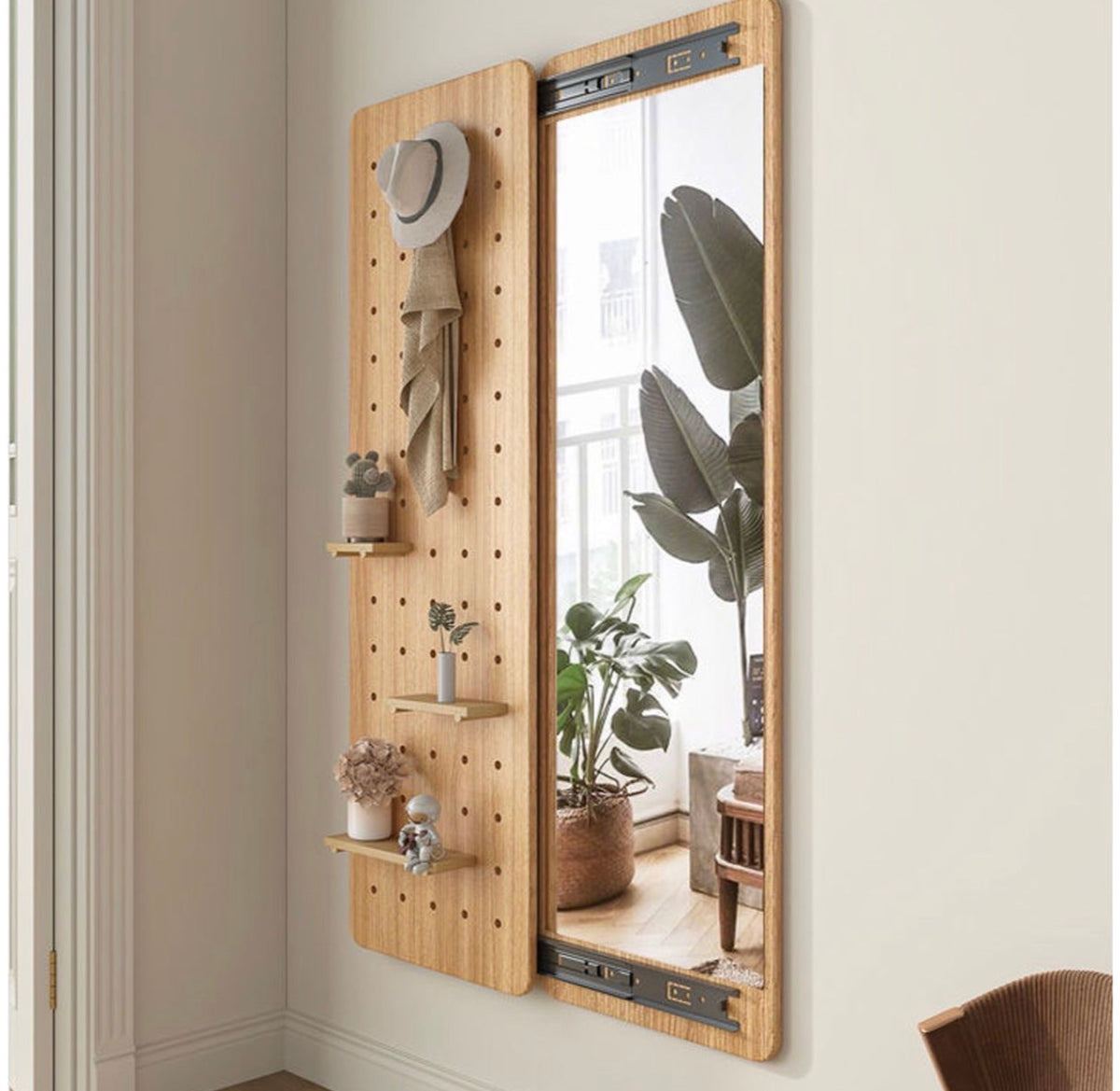 MFURN Multifunctional Full Length Mirror Wood With Shelf And Hooks 120x40cm