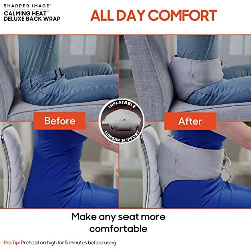 Calming Heat Back Wrap Deluxe by Sharper Image- Cordless Electric Back Heating Pad, Inflatable Lumbar, Soothing Heat & Vibration- 27 Settings 3 Heat, 9 Vibration, 3 Lumbar Includes Portable Power Pack