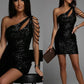 One Shoulder Beaded Sequence Evening Dress