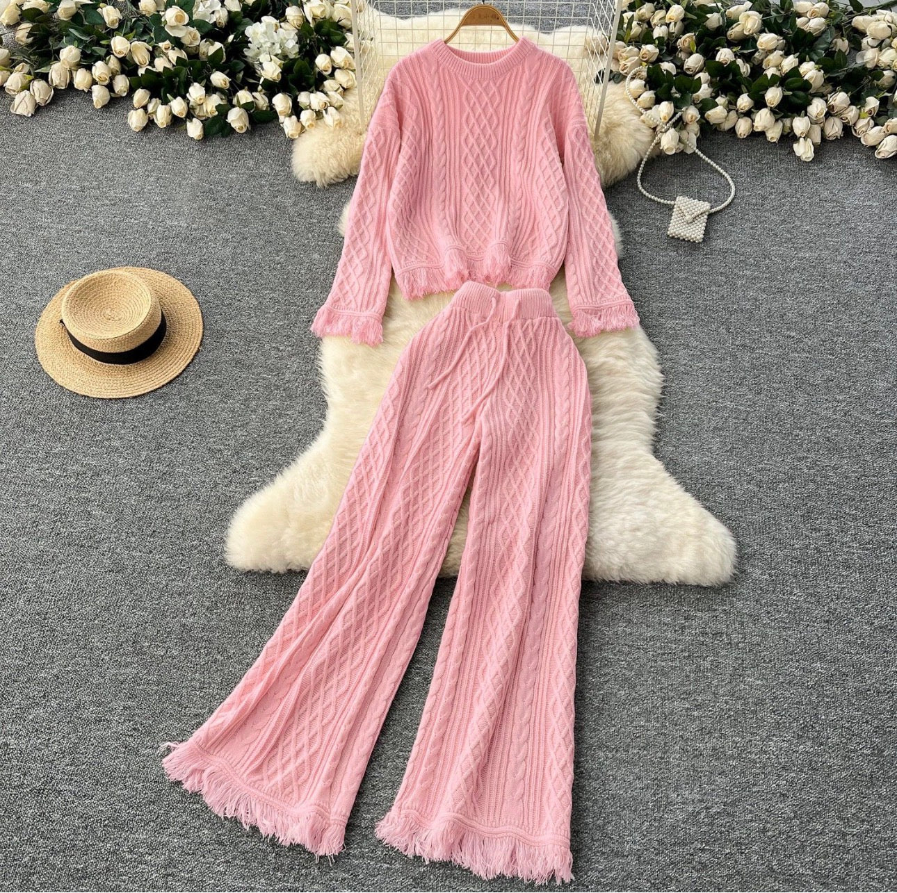 Ladies Korean Styled Knitted 2pc Pants & Top-Various Colours