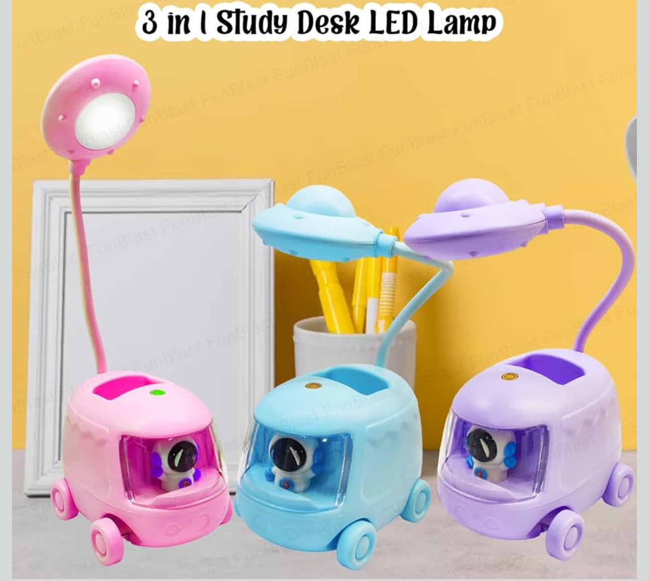 DIY Space Bus Table Lamp-3 in 1 Study Desk LED Lamp and Pen Holder, Stickers with Moving Wheels, USB Rechargeable Desk Lamp-Various Colours