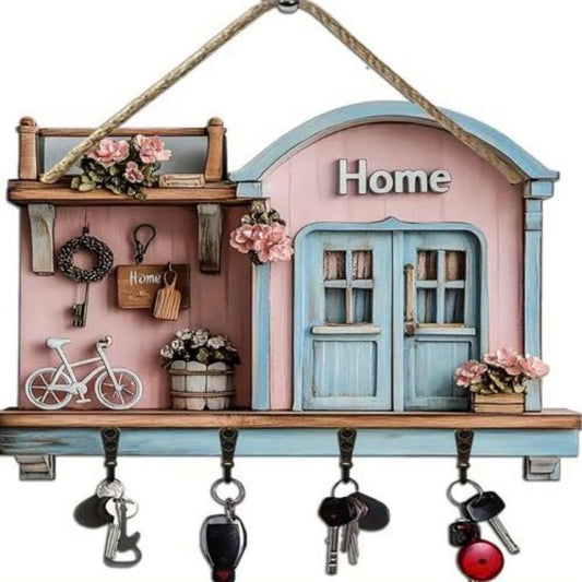 MHome 2D Simple Colorful Wooden And Home Key Hanger With Four Metal Hooks- Various Designs