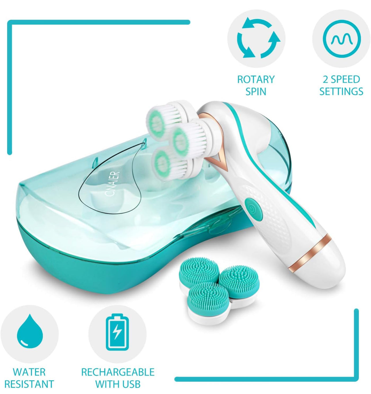MTech Rechargeable Facial Cleansing Spin Brush with 2 Exfoliating Brush Heads - Waterproof Face Spa 3D Rotary Cleansing Design for Gentle Exfoliation and Deep Scrubbing