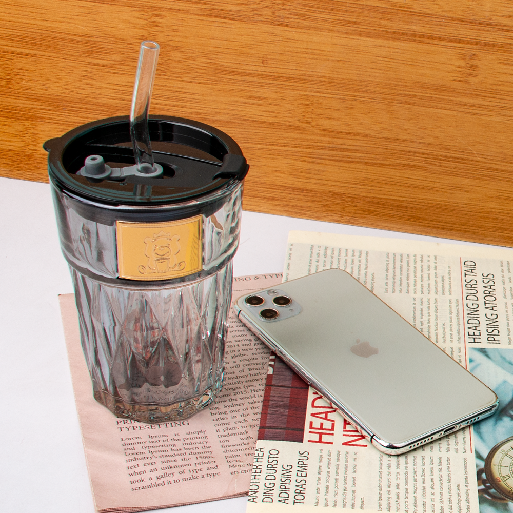 Portable Glass Water Bottle With Lid & Straw 400ml