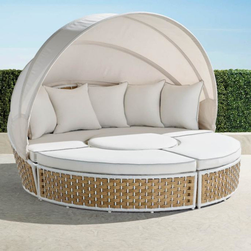 MFURN Rattan Sun Island with Foldable Sun Canopy, Polyrattan Lounge Set Including Cushions & Height-Adjustable Coffee Table, Outdoor Sun Lounger, Garden Lounger, for Garden, Patio, Porch-Pre-Order Sales Now Available