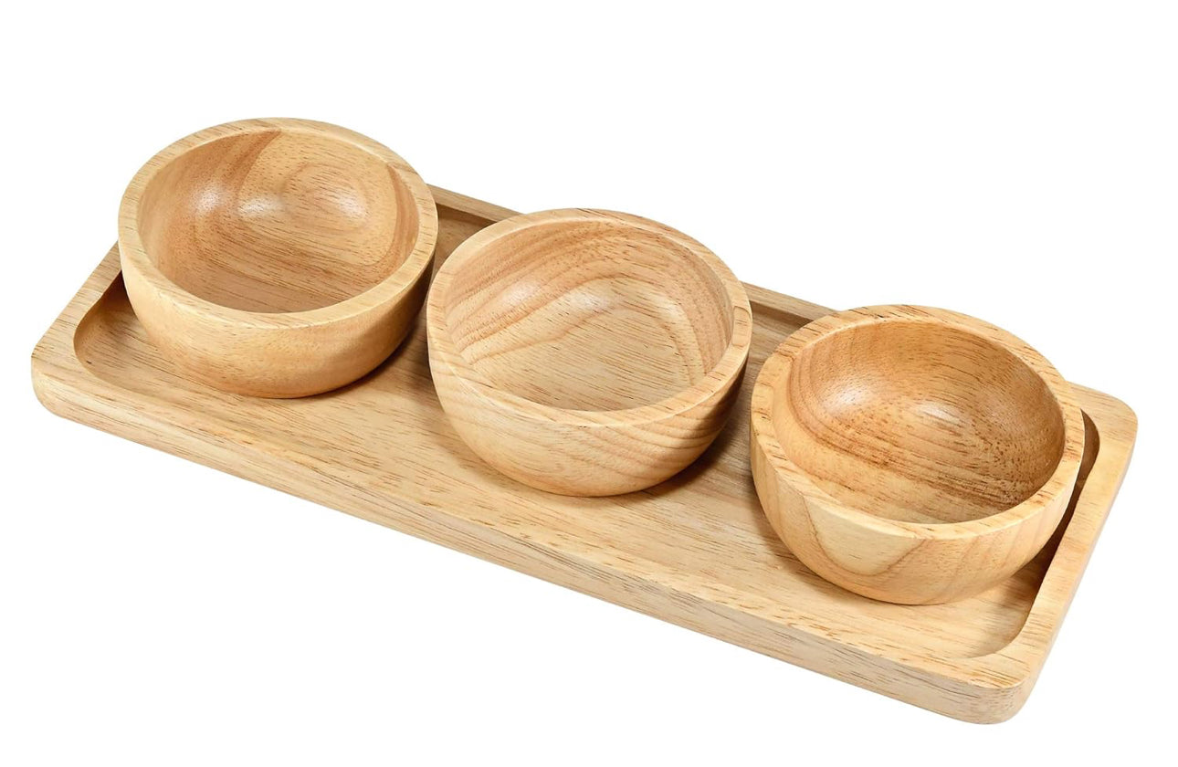 MHome 3pc Bamboo Snack Plate Set – Wooden Condiment Tray with 3 Serving Bowls