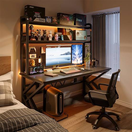 MFURN Computer Desk With Pegboard And Bookshelf, Modern Home Computer Table With Upper Storage Shelves Hutch For Office Bedroom Study Writing Workstation, Industrial Gaming Desk Student Writing Desk