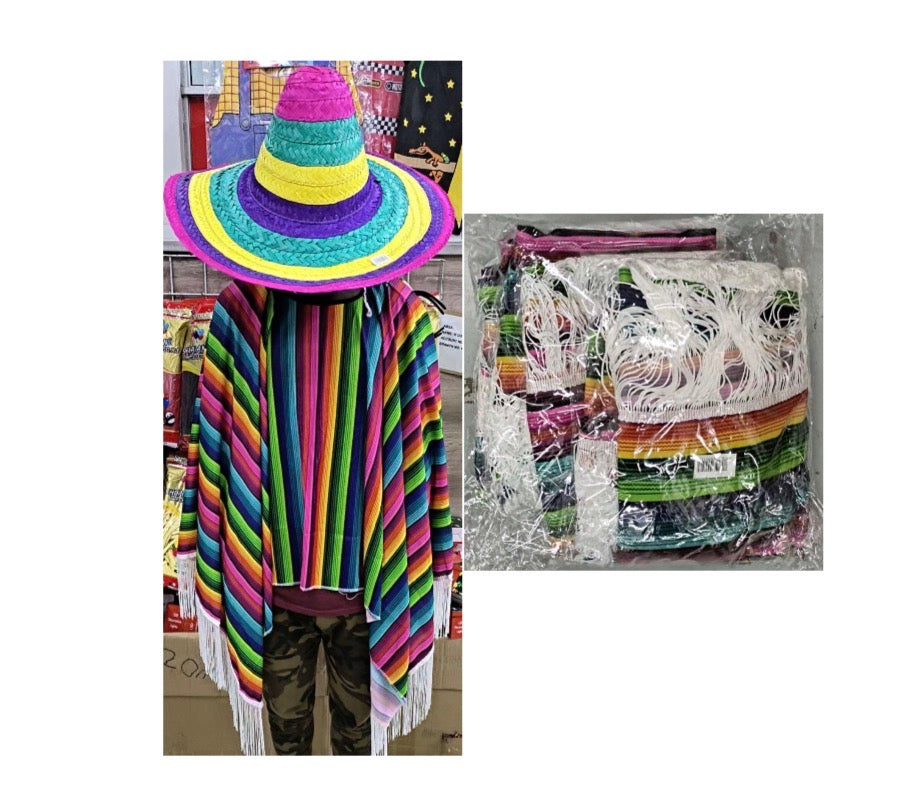 Multi Colour Adults Mexican Poncho & Sombrero Costume Hat